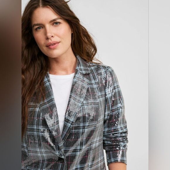 NWT Torrid Sequin Button Front Blazer Plaid blue black satin interior size L - Picture 11 of 14